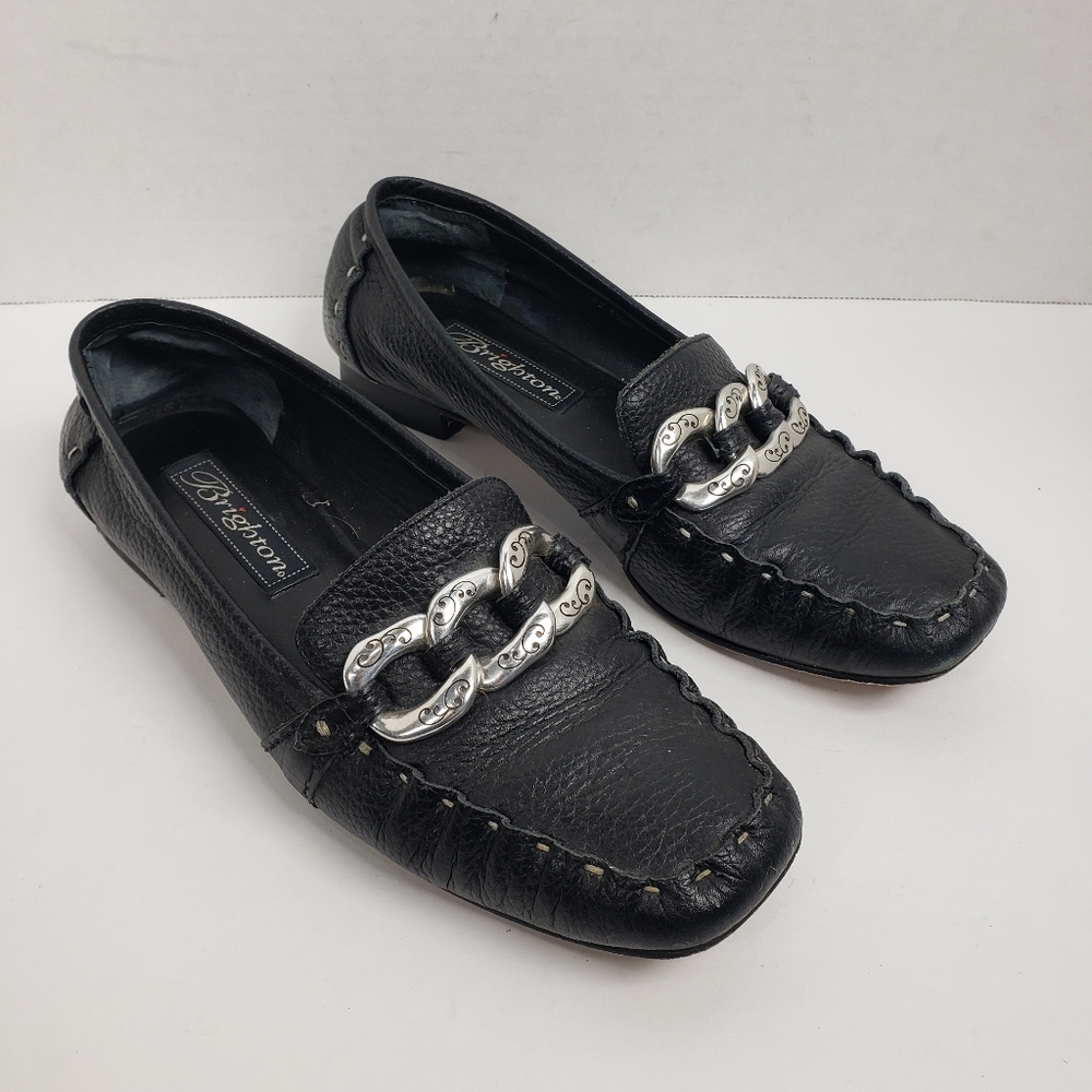 Brighton Black Leather Chain-Accent Loafers